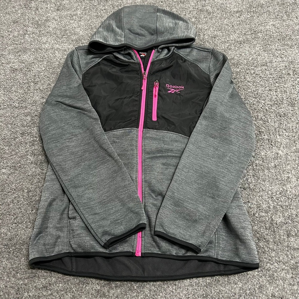 Reebok Hoodie Womens Size XL Grey Black Pink Full Zip Quilted Athletic Jacket